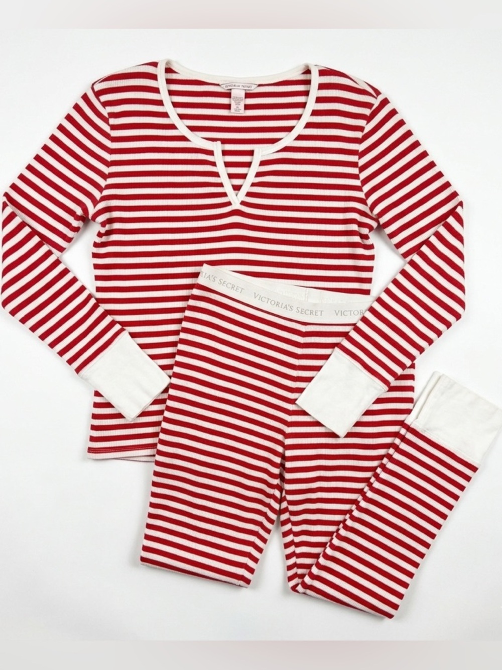 Victoria's Secret Red and White Stripe Thermal Pajama Set with Wide Band Cuffs